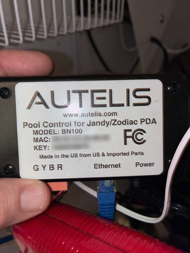 Autelis BN100 product label: Pool Control for Jandy/Zodiac PDA, model BN100, with GYBR, Ethernet, and Power connectors